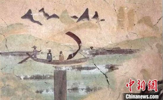 “一人搖櫓晃扁舟，兩人撐篙水上漂?！眻D為莫高窟第323窟《搖櫓帆船》（初唐）?！《鼗脱芯吭汗﹫D