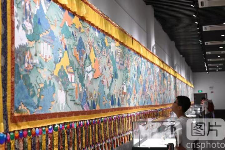 圖為一名小朋友觀看唐卡《涼州會盟》。 中新社記者 戴文昌 攝