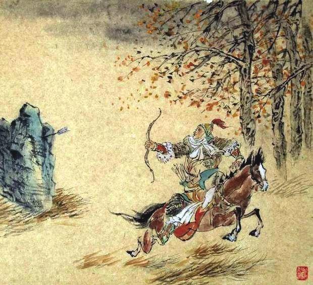 “林暗草驚風(fēng)，將軍夜引弓。”畫作